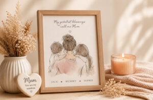 Personalised family illustration with heartfelt message for Mother's Day.