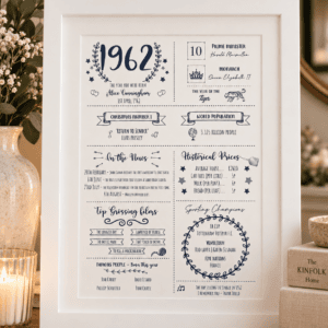Personalised 1962 milestone birthday print with fun facts and historical details.