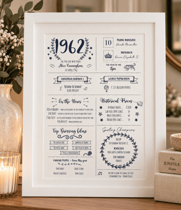 Personalised 1962 milestone birthday print with fun facts and historical details.