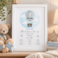 Personalised hot air balloon birth print for a new baby with name and birth details.