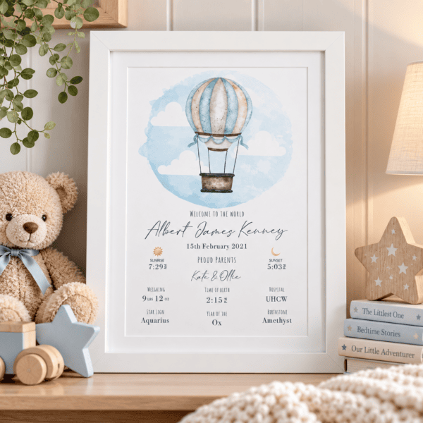 Personalised hot air balloon birth print for a new baby with name and birth details.