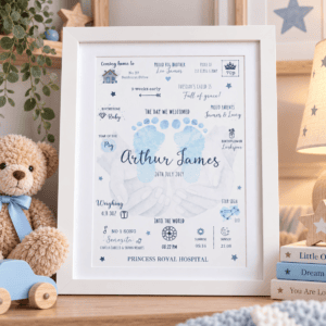 Personalised baby footprints print with birth details and footprints design.