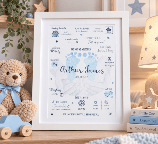 Personalised baby footprints print with birth details and footprints design.
