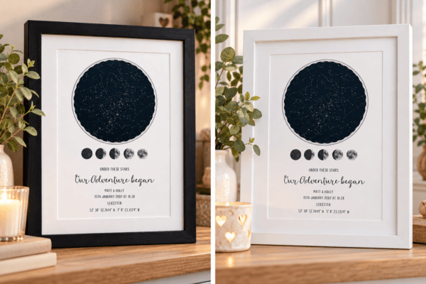 Personalised night sky star map print in black and white frames for special occasions.