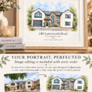Personalised watercolor house portrait of a modern home with garden.