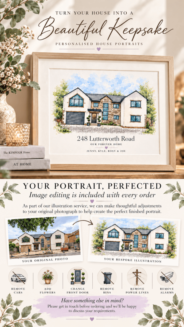 Personalised watercolor house portrait of a modern home with garden.
