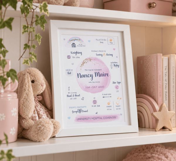Personalised birth details print for baby girl with name Nancy Maire in pink and purple.