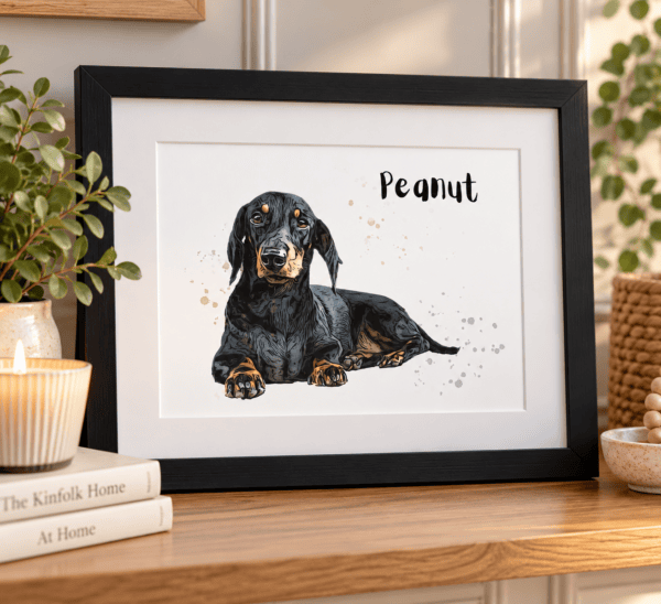 Personalised watercolor pet portrait of a dachshund named Peanut in a black frame.