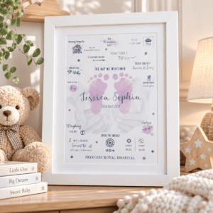 Personalised baby nursery print with footprints and birth details for Jessica Sophia.
