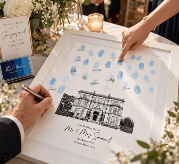Elegant Blue Fingerprint Wedding Guestbook Personalised wedding fingerprint guest book with blue ink fingerprints and a venue illustration.
