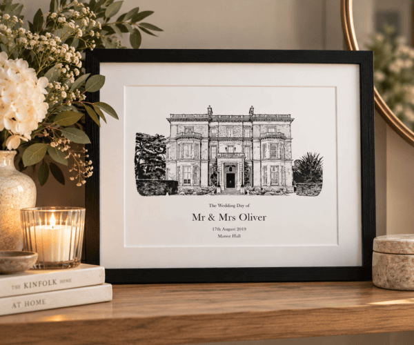 Personalised wedding venue art print of Manor Hall for Mr & Mrs Oliver.