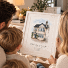 Family viewing a personalized watercolor house portrait from a photo.