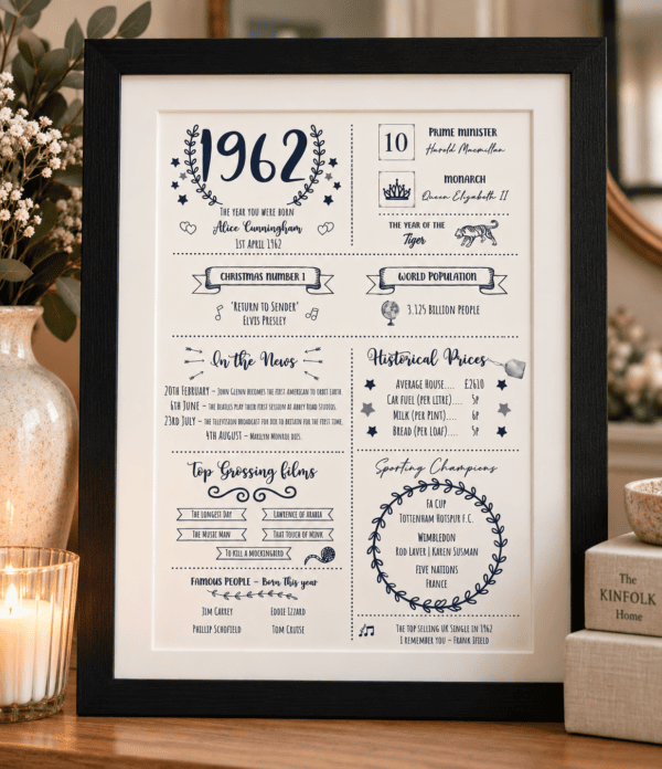 Personalised milestone birthday print with historical facts and fun details in black and white.