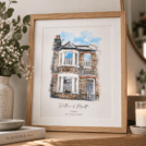 Personalised watercolor house portrait with names Hollie & Matt, London, dated 4th January 2024.