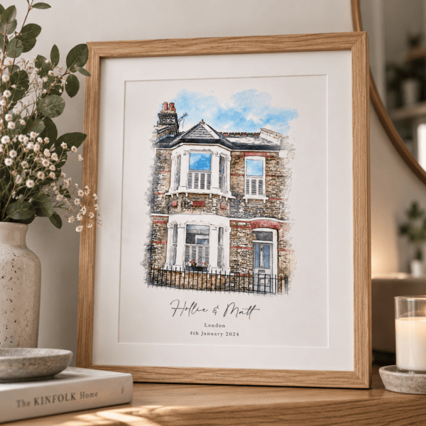 Personalised watercolor house portrait with names Hollie & Matt, London, dated 4th January 2024.
