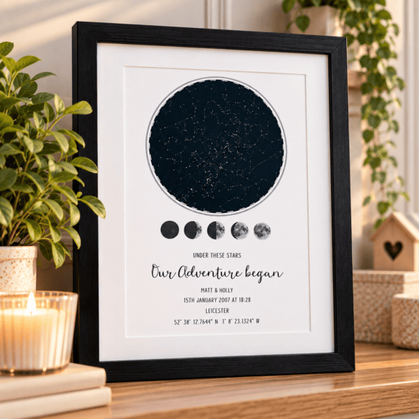 Personalised night sky star map print with constellation details and special date.