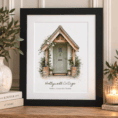 Watercolour portrait of a front door with greenery and a cottage style design.