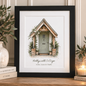 Watercolour portrait of a front door with greenery and a cottage style design.