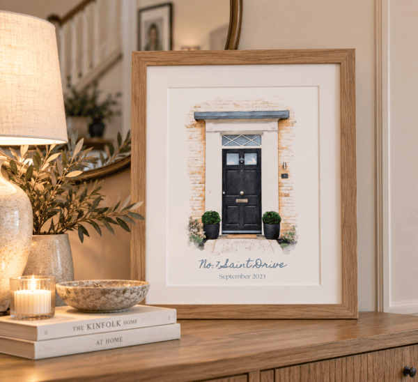 Personalised watercolour of a front door with address No. 21aint Drive.