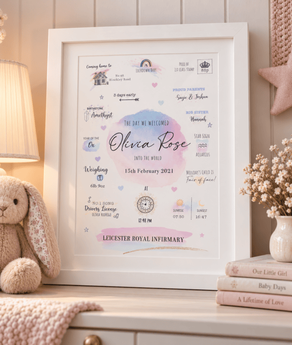 Olivia Rose Nursery Birth Print Display Personalised rainbow ombré birth print for Olivia Rose with birth details and symbols.