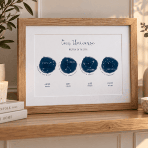 Personalised family constellation print featuring star signs Scorpio, Cancer, Capricorn, and Gemini.