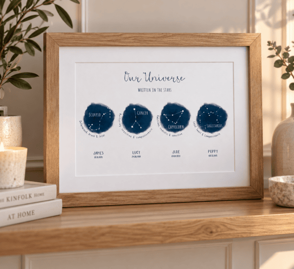 Personalised family constellation print featuring star signs Scorpio, Cancer, Capricorn, and Gemini.