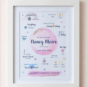 Personalised birth announcement print for Nancy Maire with date and details.