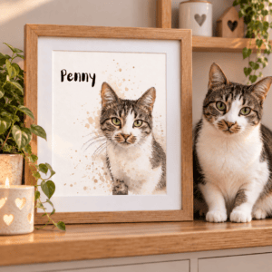 Personalised watercolor pet portrait of Penny with her name in black text.