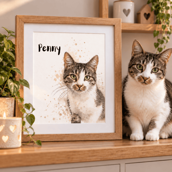 Personalised watercolor pet portrait of Penny with her name in black text.