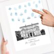 Personalised wedding fingerprint guest book with blue ink fingerprints and a venue illustration.