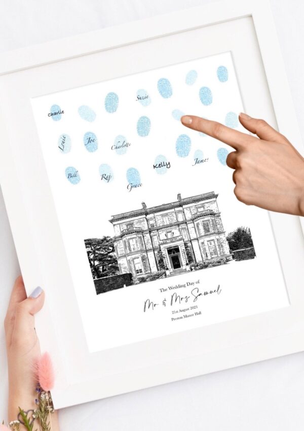 Personalised Fingerprint Wedding Venue Print (1) Personalised wedding fingerprint guest book with blue ink fingerprints and a venue illustration.