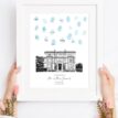 Personalised wedding fingerprint guest book print with venue image and guest signatures.