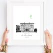 Personalised fingerprint guest book print with a landmark illustration and green fingerprint.