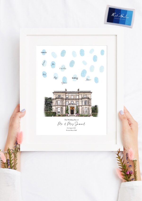 Personalised Fingerprint Wedding Venue Print (5) Personalised wedding fingerprint guest book print with fingerprint dots and venue image.