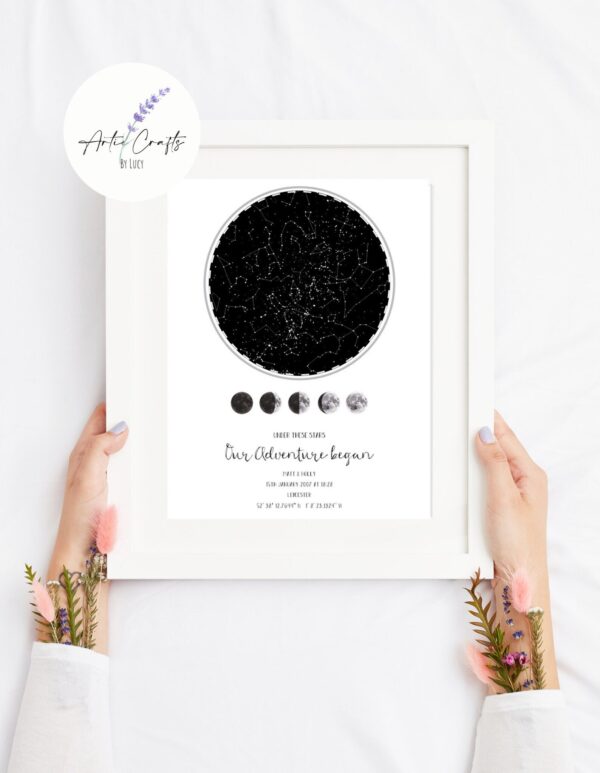Personalised night sky star map print for special occasions and anniversaries.