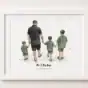 Personalised watercolor family portrait of father and three boys walking away.