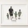 Personalised watercolor family portrait of father and three boys walking away.