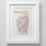 Personalised watercolour portrait of a woman holding a child, framed and displayed on a wall.