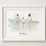 Personalised watercolour family portrait of three people holding hands at the beach.