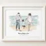 Personalised watercolour family portrait of mum, dad, and child at the beach.