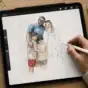 Personalised watercolor family portrait being created on a tablet.