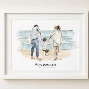 Personalised watercolour family portrait of mum, dad, and child at the beach.