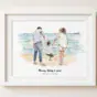 Personalised watercolour family portrait of mum, dad, and child at the beach.