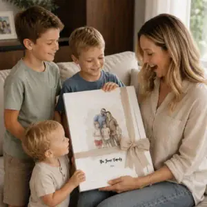 Family enjoying a personalised watercolour family portrait from Artiecrafts by Lucy.