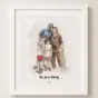Personalised watercolour family portrait in a white frame with family name and year.