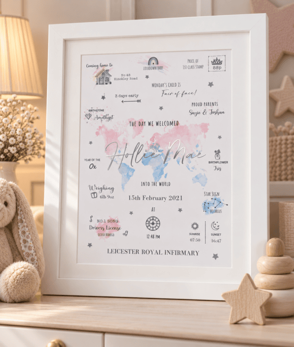 Personalised world map birth print with foil name and details for a newborn.