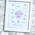 Personalised birth details print with various symbols and text in a white frame.