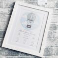 Personalised hot air balloon birth print for new baby with name and birth details.