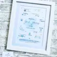 Personalised birth print with blue splat design and baby details in a white frame.