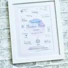 Personalised baby birth print with rainbow ombré design in white frame.